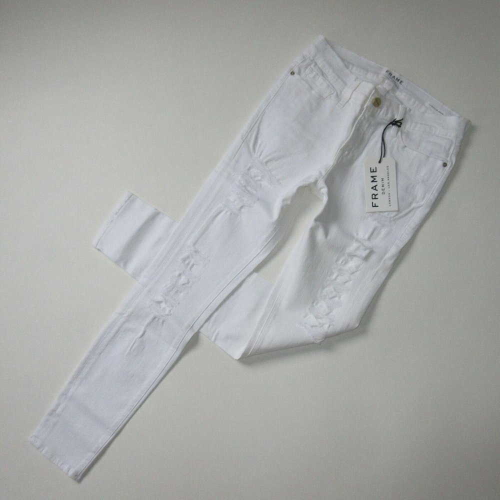 NWT FRAME Le Skinny de Jeanne in Blanc Color Rip Destroyed Stretch Jeans 31